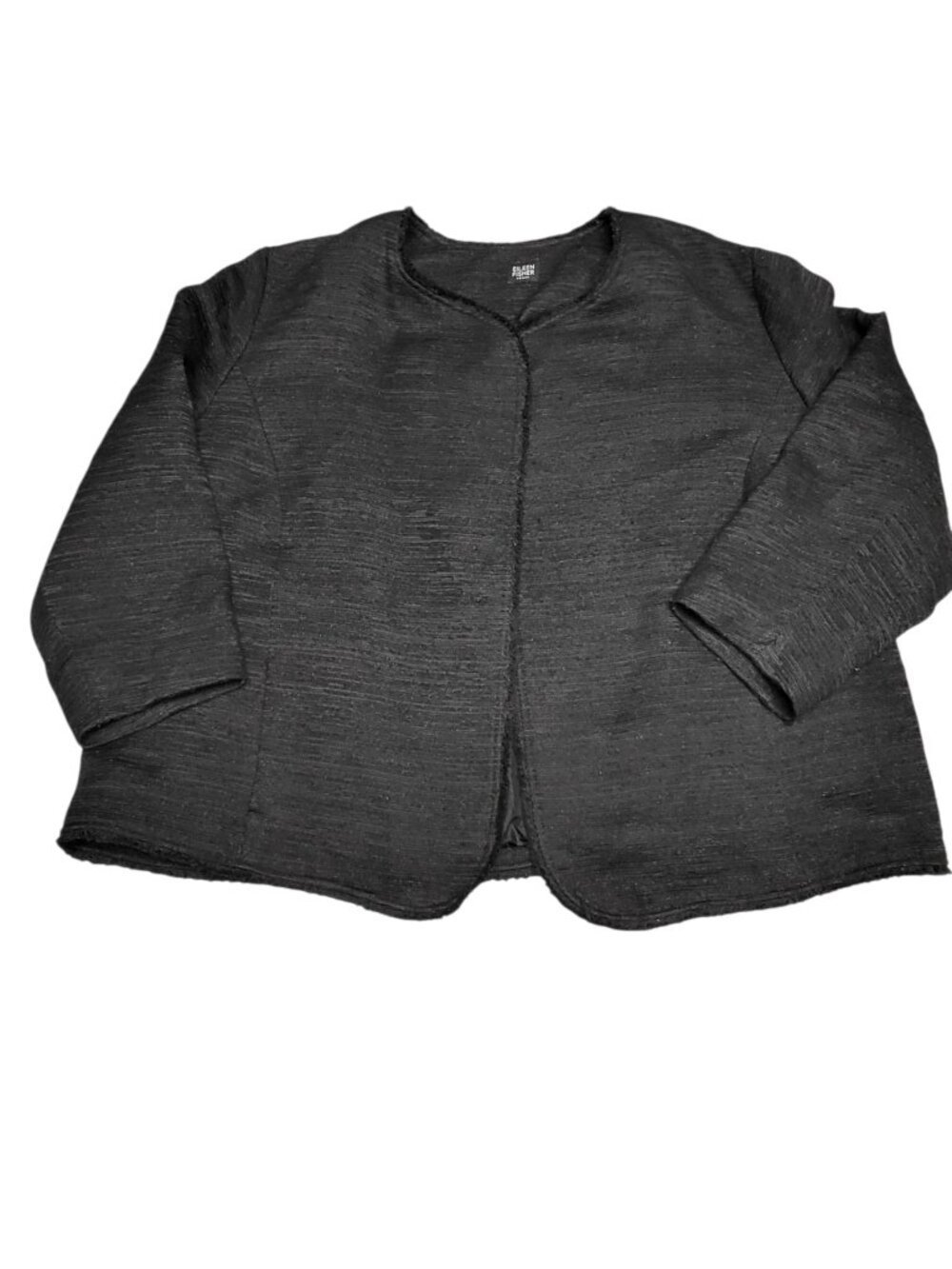 Eileen Fisher Woman Black Tweed Open Front Jacket Silk Lined Slize 3X Slit Pocke